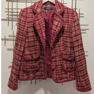 VTG Y2K Kasper Red Pink‎ Boucle Tweed Blazer Jacket Women Sz 6 Jeweled Buttons